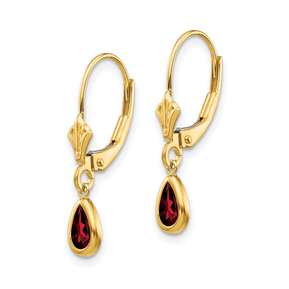 14k Yellow Gold Dangle Earrings with Pear Shaped Garnet in Bezel Setting, Leverback Design