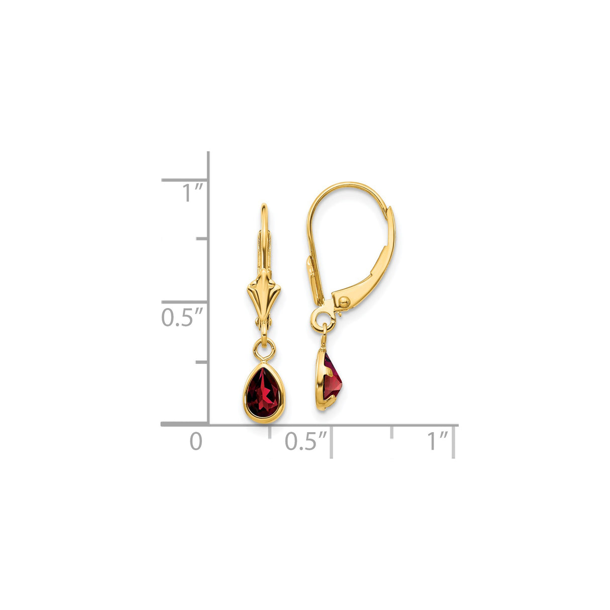 14k Yellow Gold Dangle Earrings with Pear Shaped Garnet in Bezel Setting, Leverback Design
