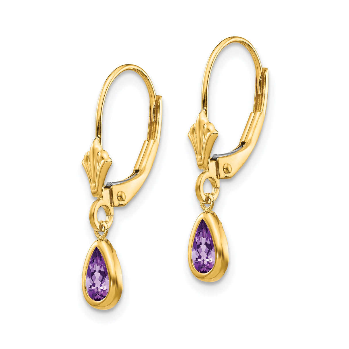 14k Yellow Gold Dangle Earrings with Pear-Shaped Amethyst in Bezel Setting, Leverback Design