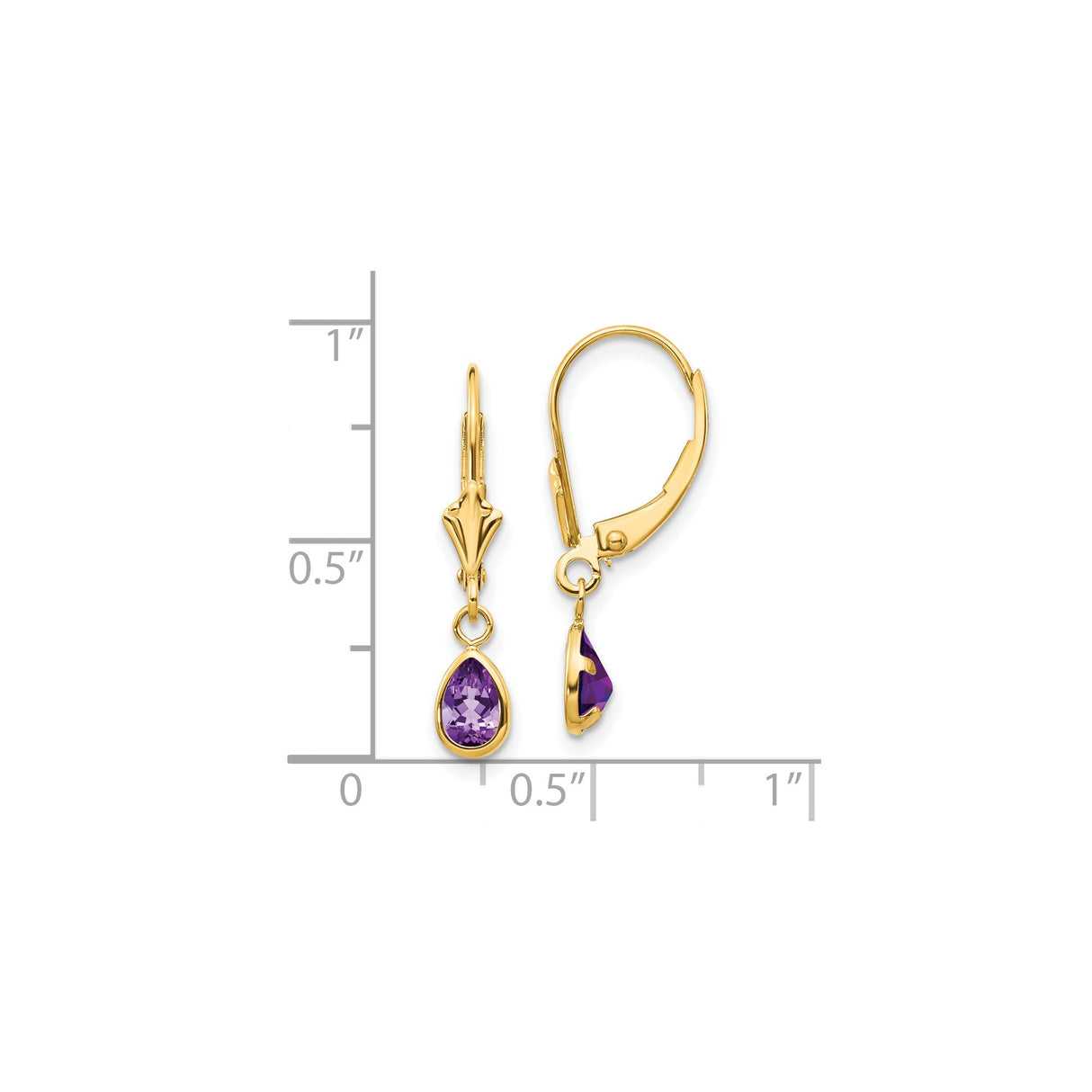 14k Yellow Gold Dangle Earrings with Pear-Shaped Amethyst in Bezel Setting, Leverback Design