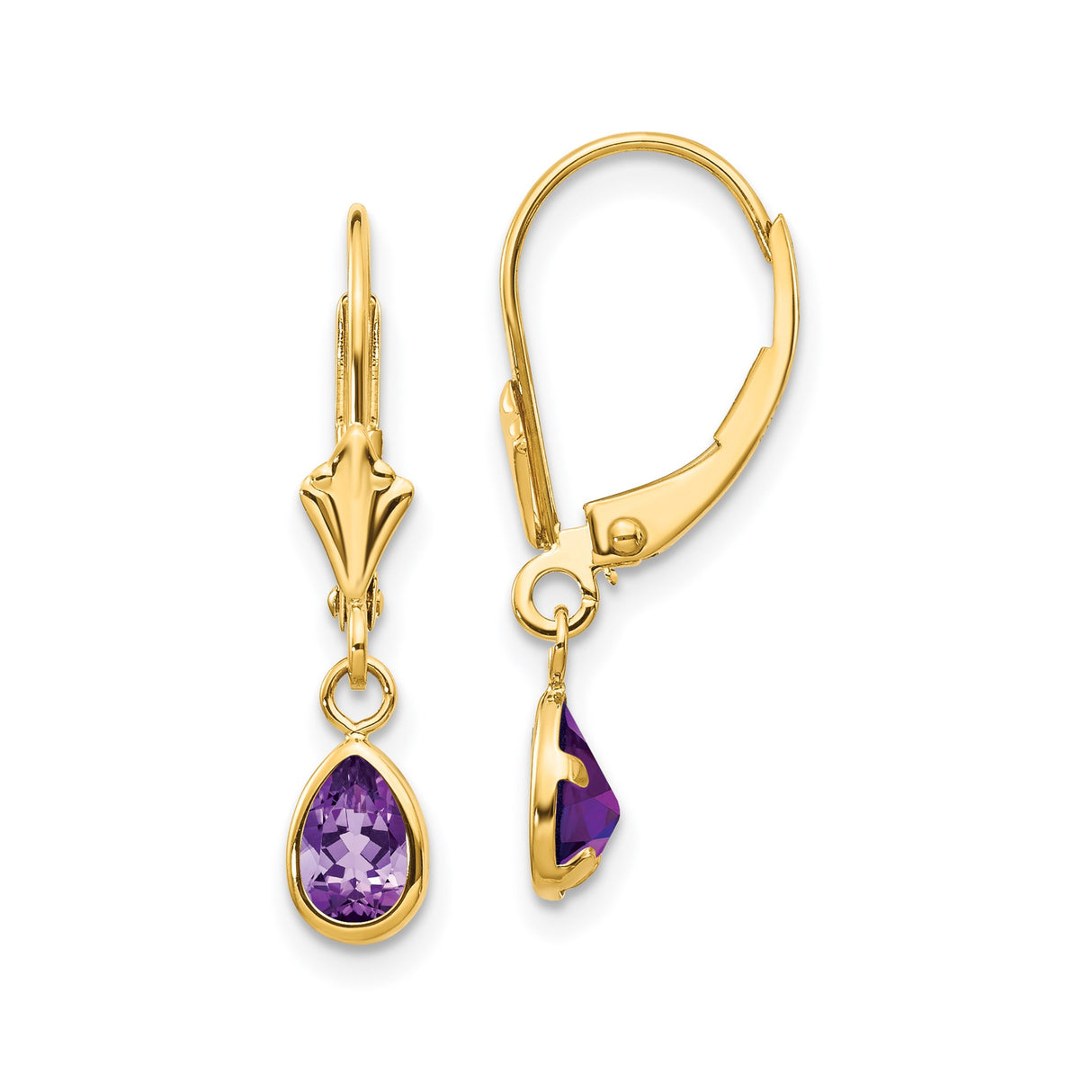 14k Yellow Gold Dangle Earrings with Pear-Shaped Amethyst in Bezel Setting, Leverback Design