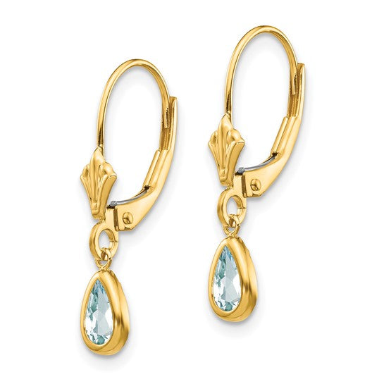 14k Yellow Gold Dangle Earrings with Aquamarine Teardrop, Bezel Set Vintage Leverback Design