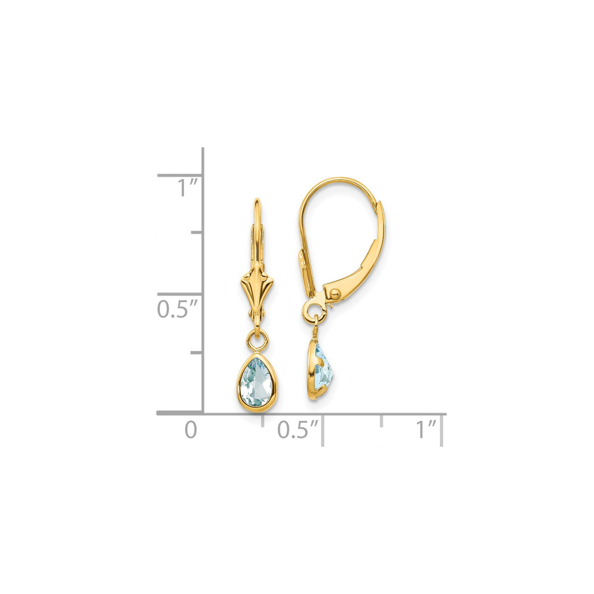 14k Yellow Gold Dangle Earrings with Aquamarine Teardrop, Bezel Set Vintage Leverback Design