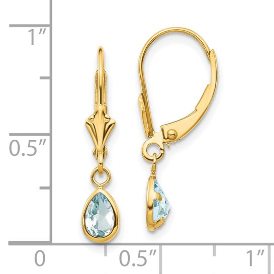 14k Yellow Gold Dangle Earrings with Aquamarine Teardrop, Bezel Set Vintage Leverback Design