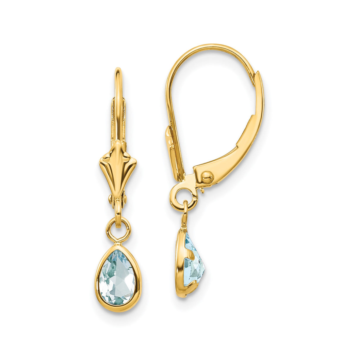 14k Yellow Gold Dangle Earrings with Aquamarine Teardrop, Bezel Set Vintage Leverback Design