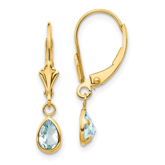 14k Yellow Gold Dangle Earrings with Aquamarine Teardrop, Bezel Set Vintage Leverback Design