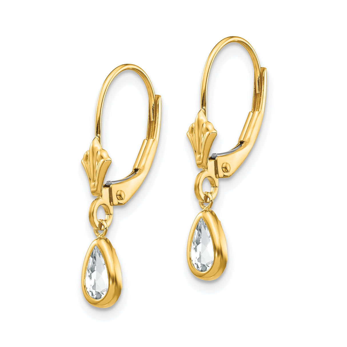 14k Yellow Gold Dangle Earrings with Pear Shaped White Topaz in Bezel Leverback Design
