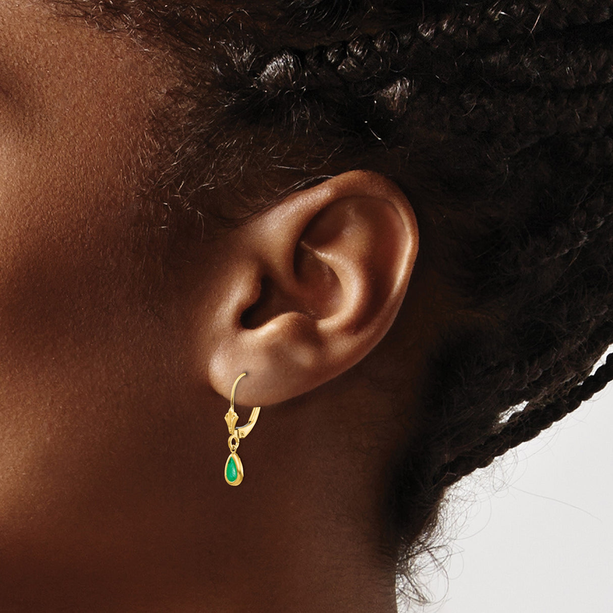 14k Yellow Gold Drop Earrings with Pear Shaped Emerald in Bezel Setting