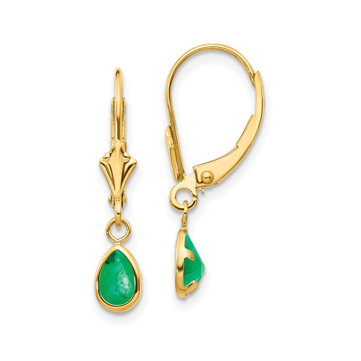 14k Yellow Gold Drop Earrings with Pear Shaped Emerald in Bezel Setting