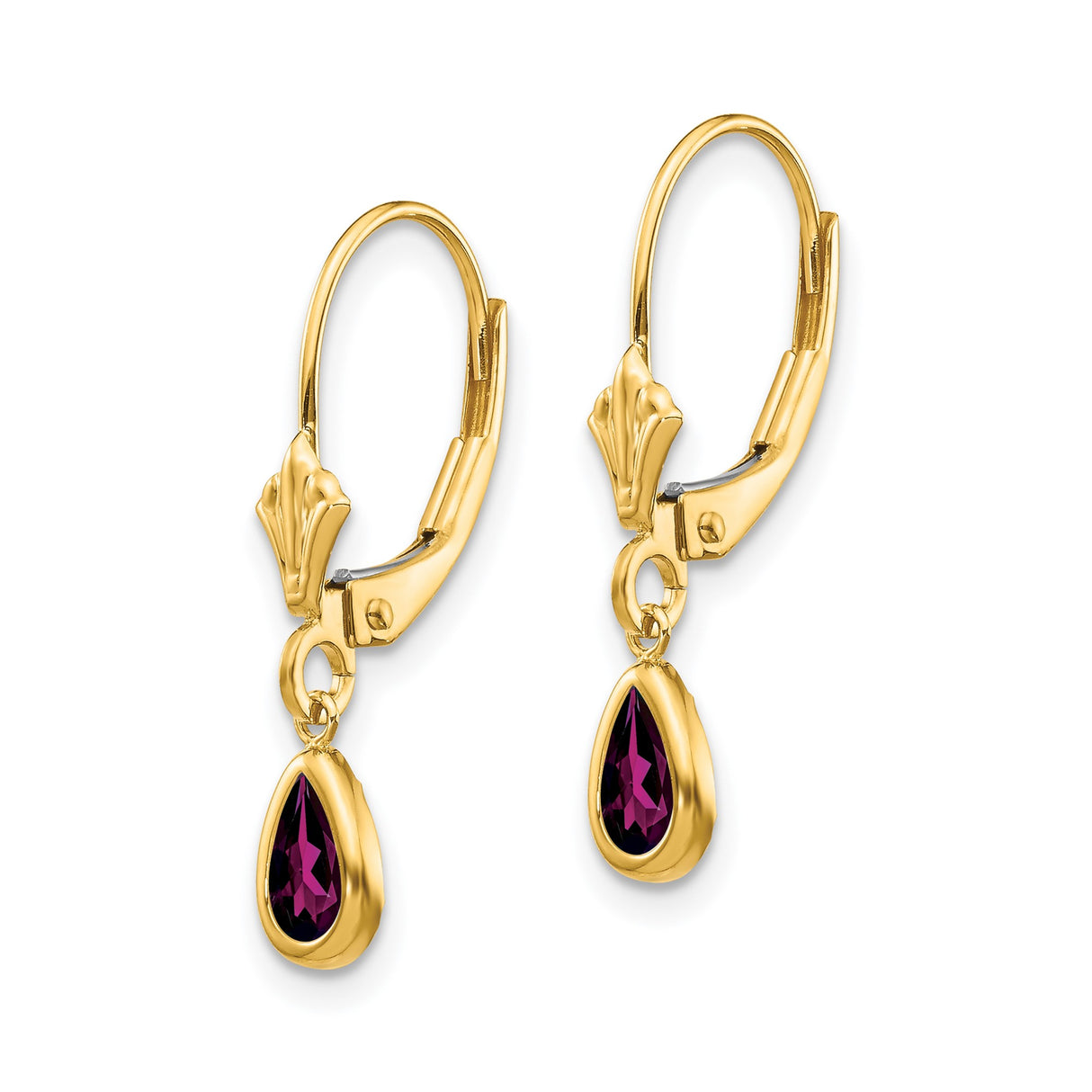 14k Yellow Gold Dangle Earrings with Rhodolite Garnet, Pear Shape, Leverback Closure