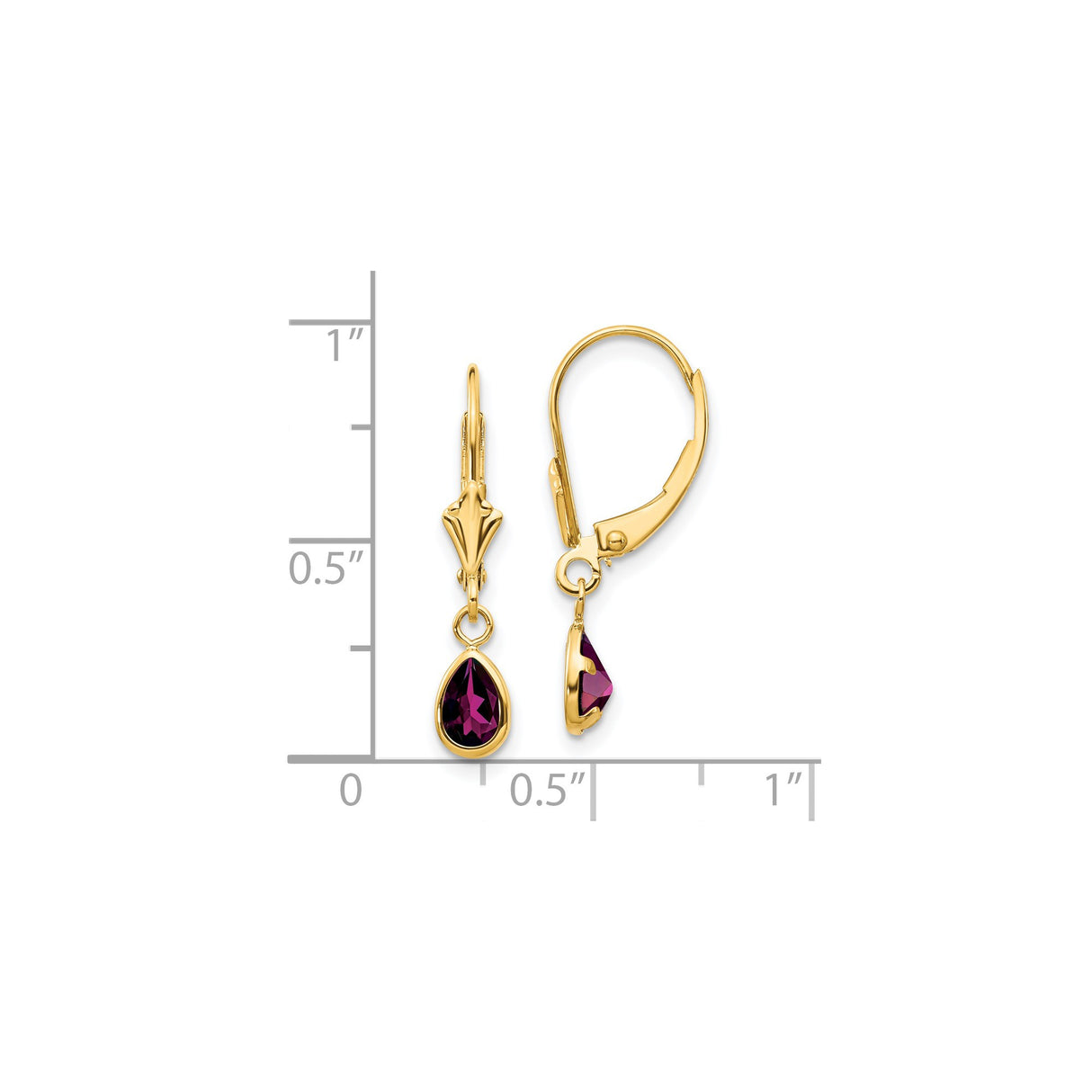 14k Yellow Gold Dangle Earrings with Rhodolite Garnet, Pear Shape, Leverback Closure