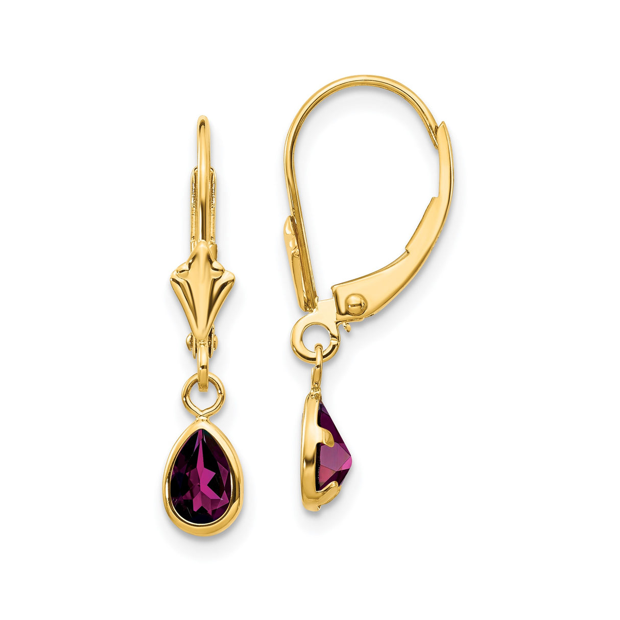 14k Yellow Gold Dangle Earrings with Rhodolite Garnet, Pear Shape, Leverback Closure