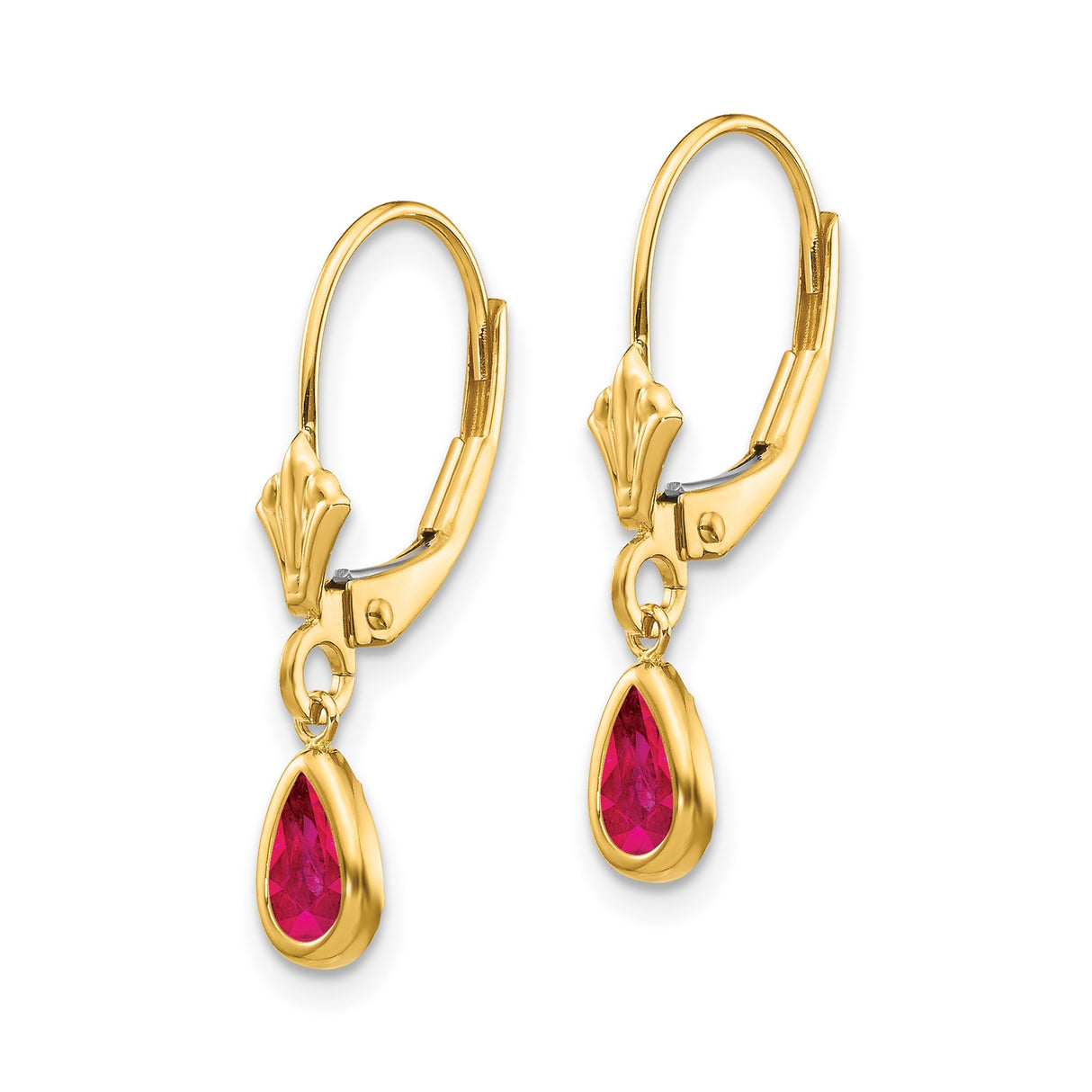 14k Yellow Gold Dangle Earrings with Pear Shaped Ruby in Bezel Setting, Vintage Inspired Design
