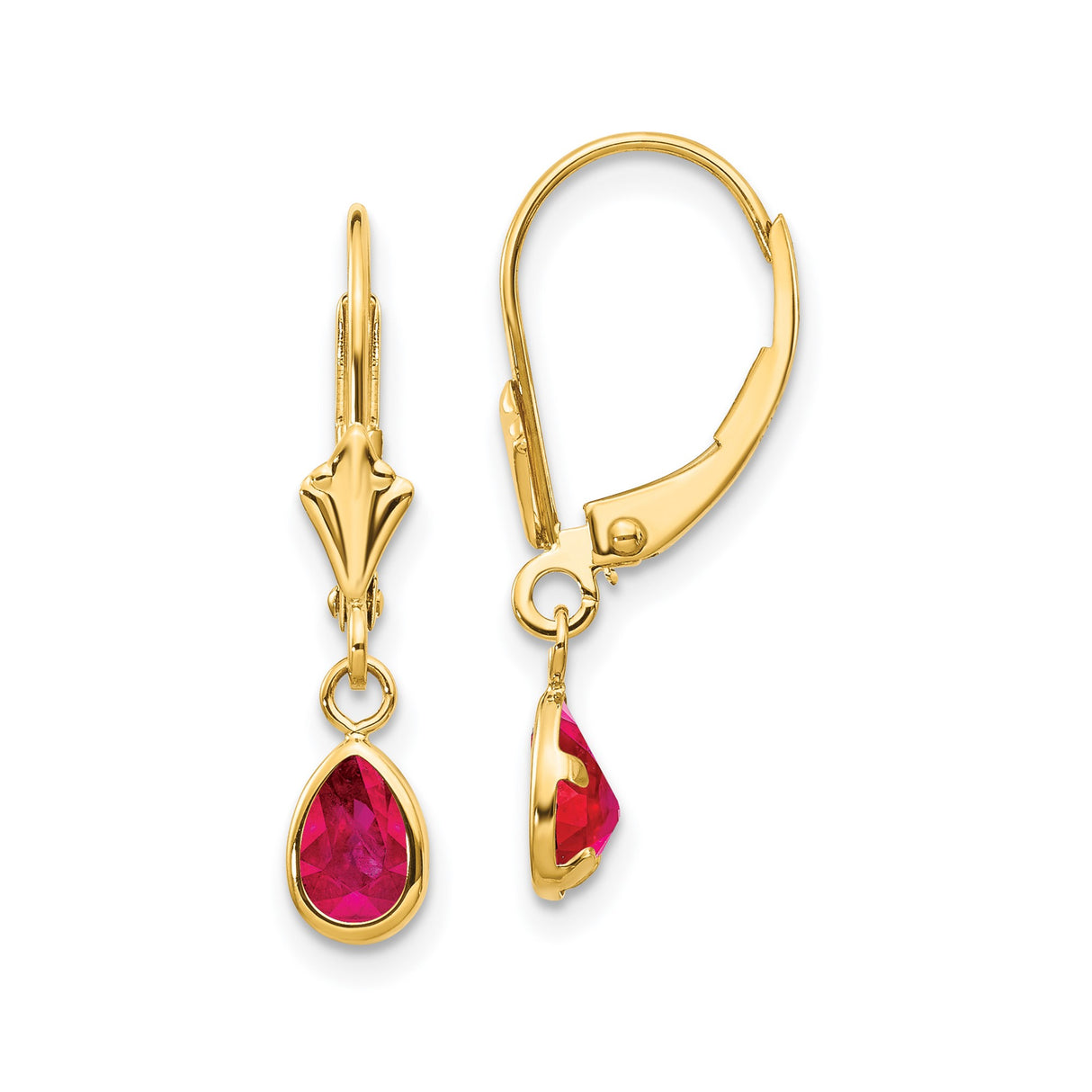 14k Yellow Gold Dangle Earrings with Pear Shaped Ruby in Bezel Setting, Vintage Inspired Design