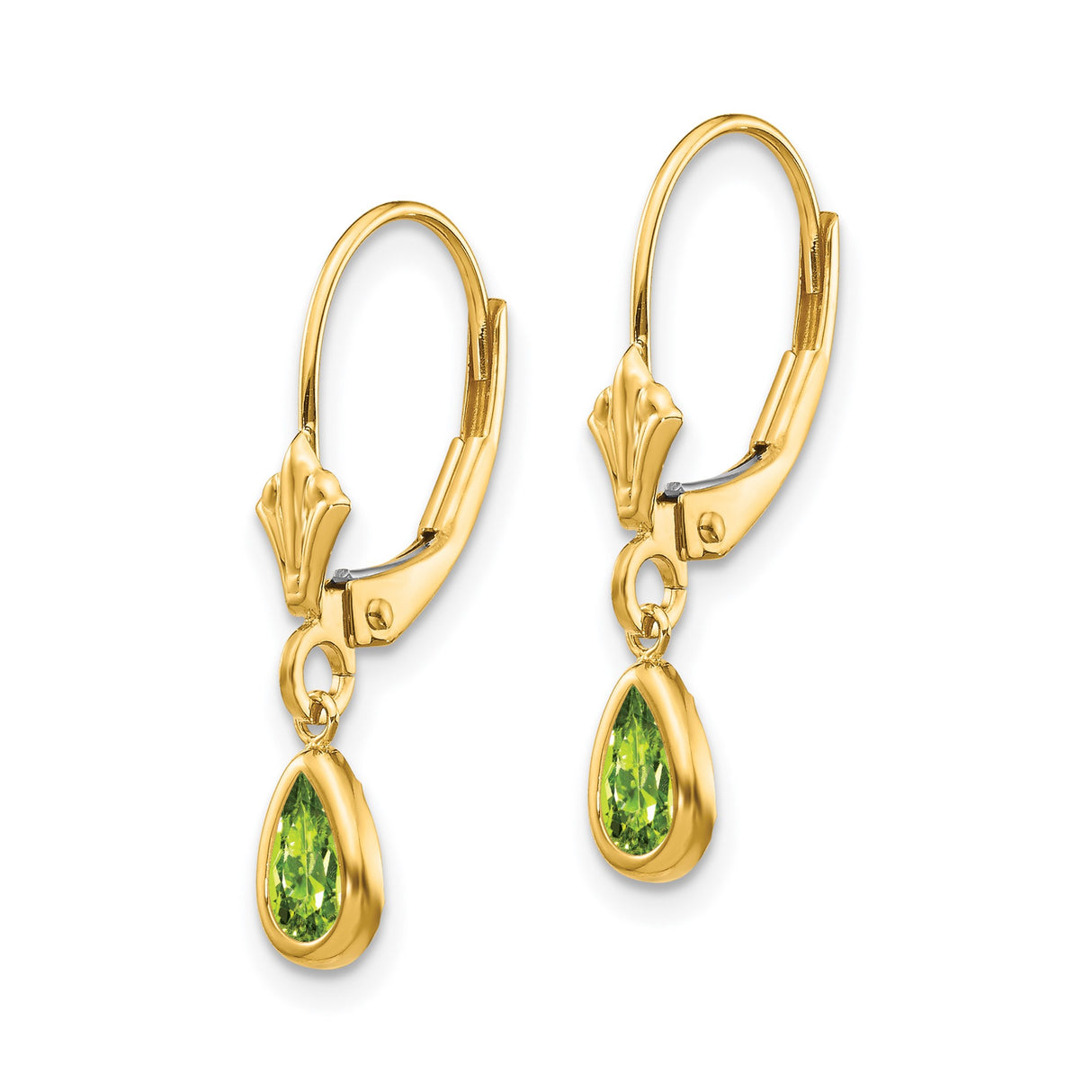 14k Yellow Gold Leverback Drop Earrings with Pear Shaped Peridot, August Birthstone