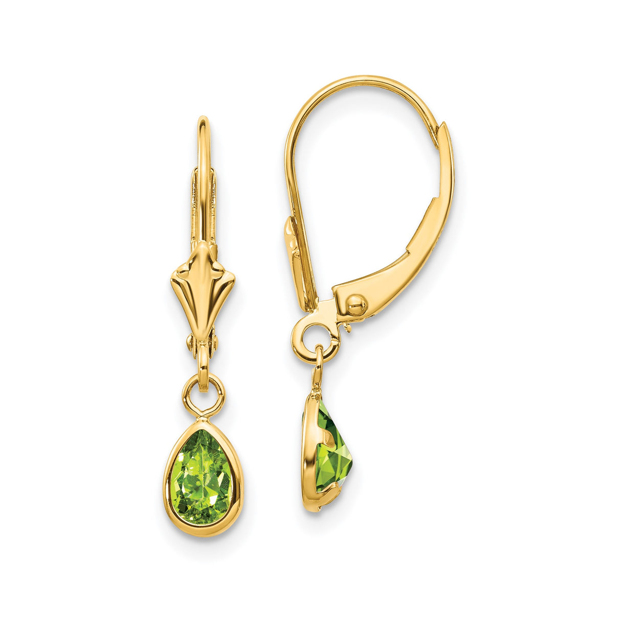 14k Yellow Gold Leverback Drop Earrings with Pear Shaped Peridot, August Birthstone