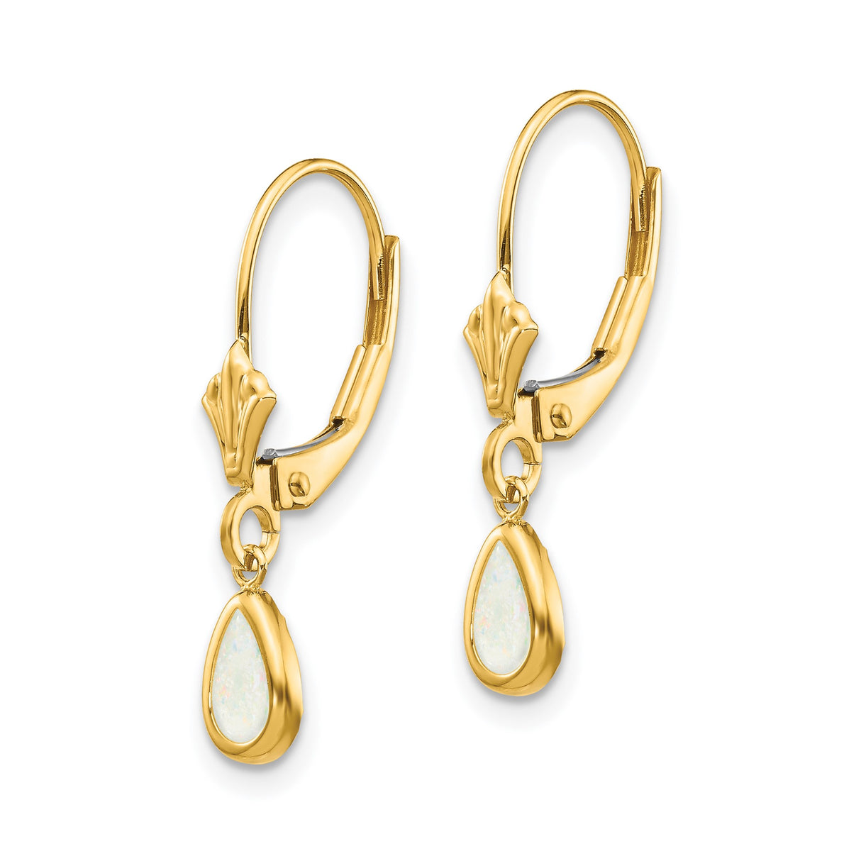 14k Yellow Gold Leverback Drop Earrings with Teardrop Opal, Fleur-de-Lis Design