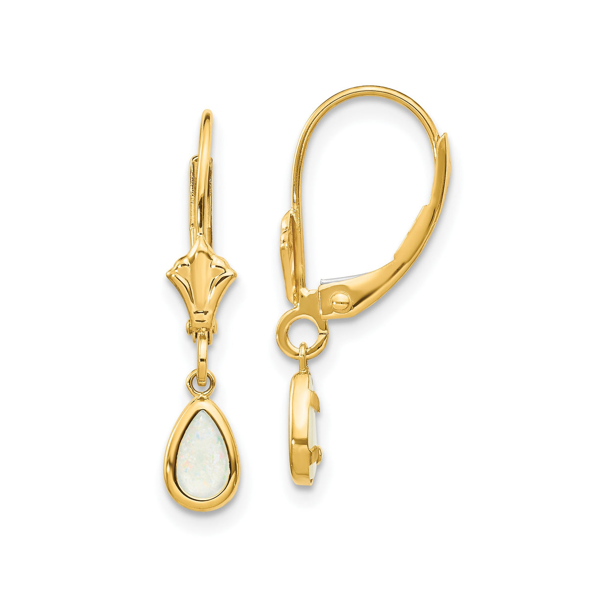 14k Yellow Gold Leverback Drop Earrings with Teardrop Opal, Fleur-de-Lis Design