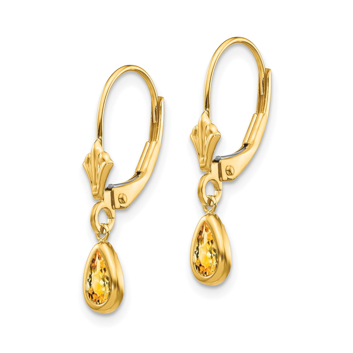 14k Yellow Gold Dangle Earrings with Pear Shaped Citrine, Leverback Design