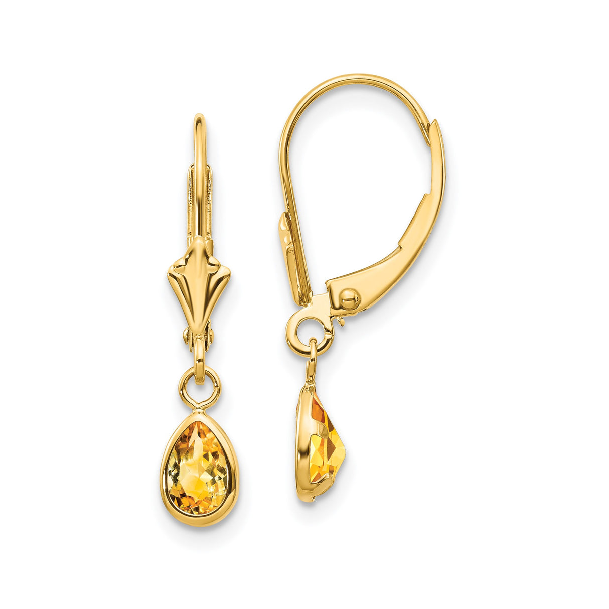14k Yellow Gold Dangle Earrings with Pear Shaped Citrine, Leverback Design