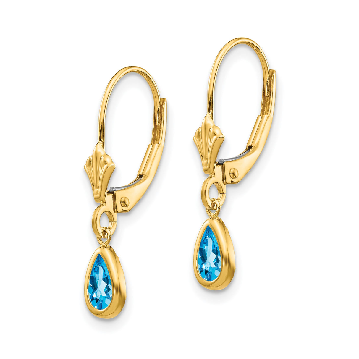 14k Yellow Gold Dangle Earrings with Pear Shaped Swiss Blue Topaz, Leverback Design