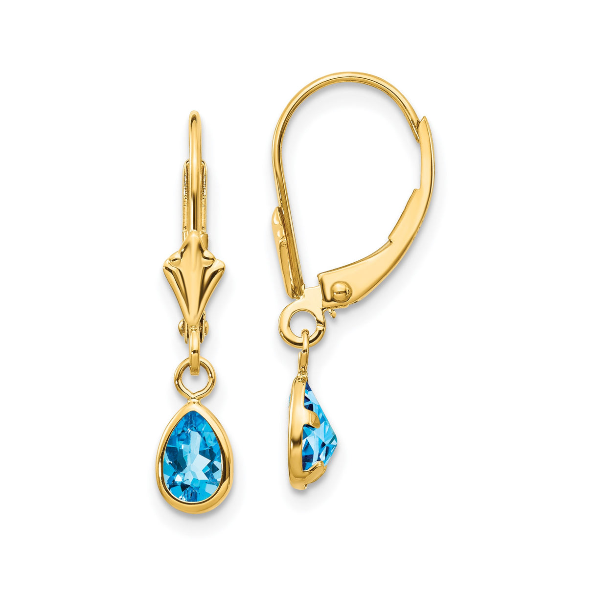 14k Yellow Gold Dangle Earrings with Pear Shaped Swiss Blue Topaz, Leverback Design