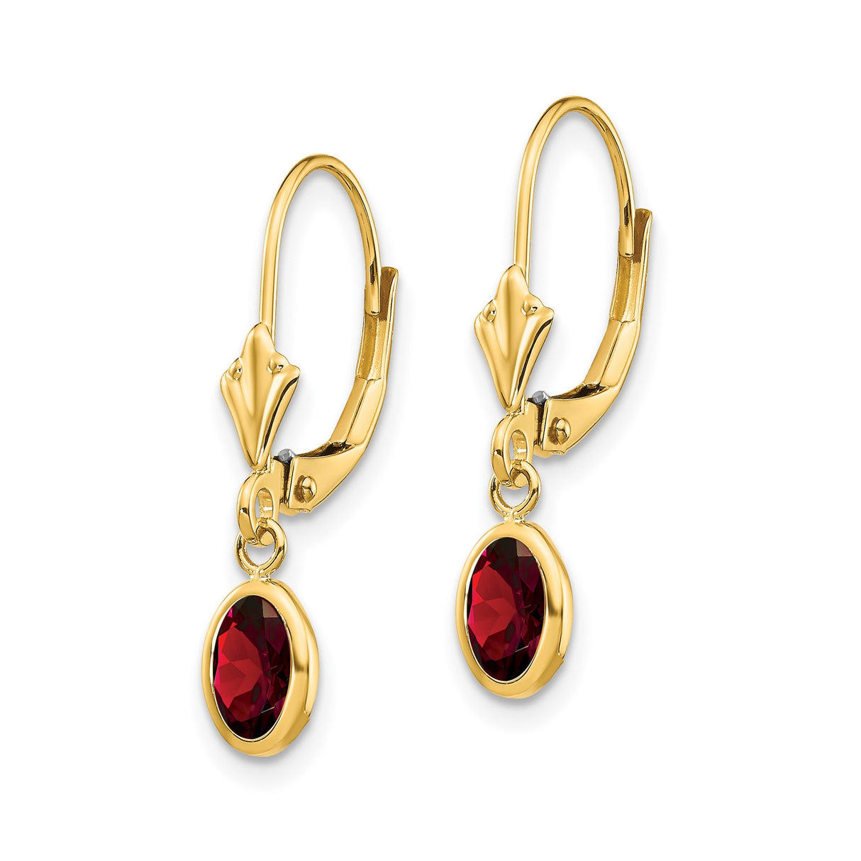 14k Yellow Gold Dangle Earrings with Oval Garnet in Bezel Setting, Leverback Drop Design