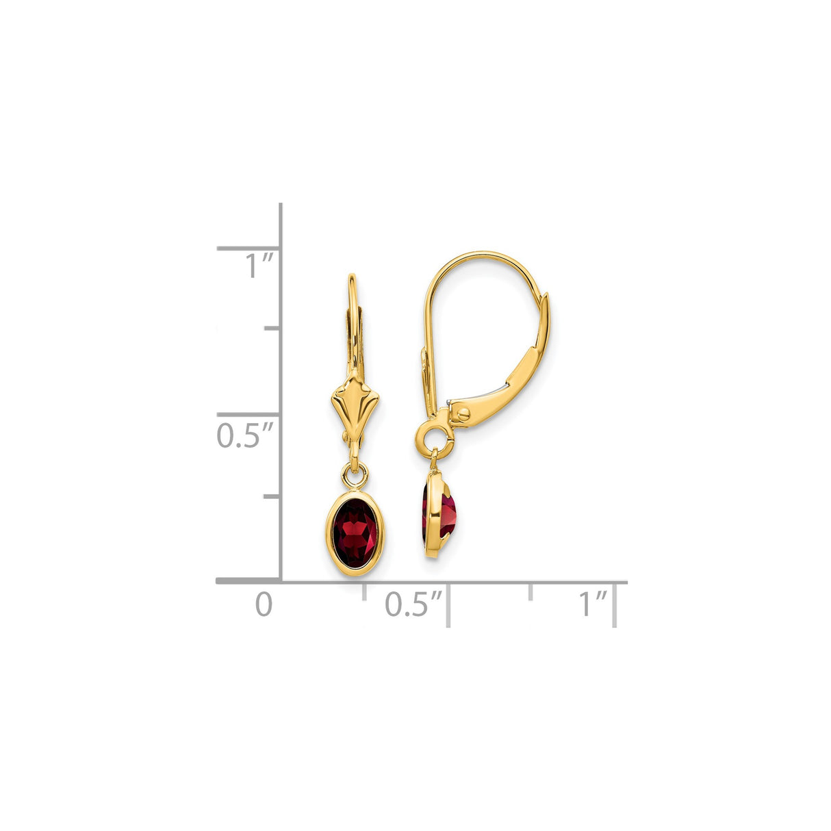 14k Yellow Gold Dangle Earrings with Oval Garnet in Bezel Setting, Leverback Drop Design