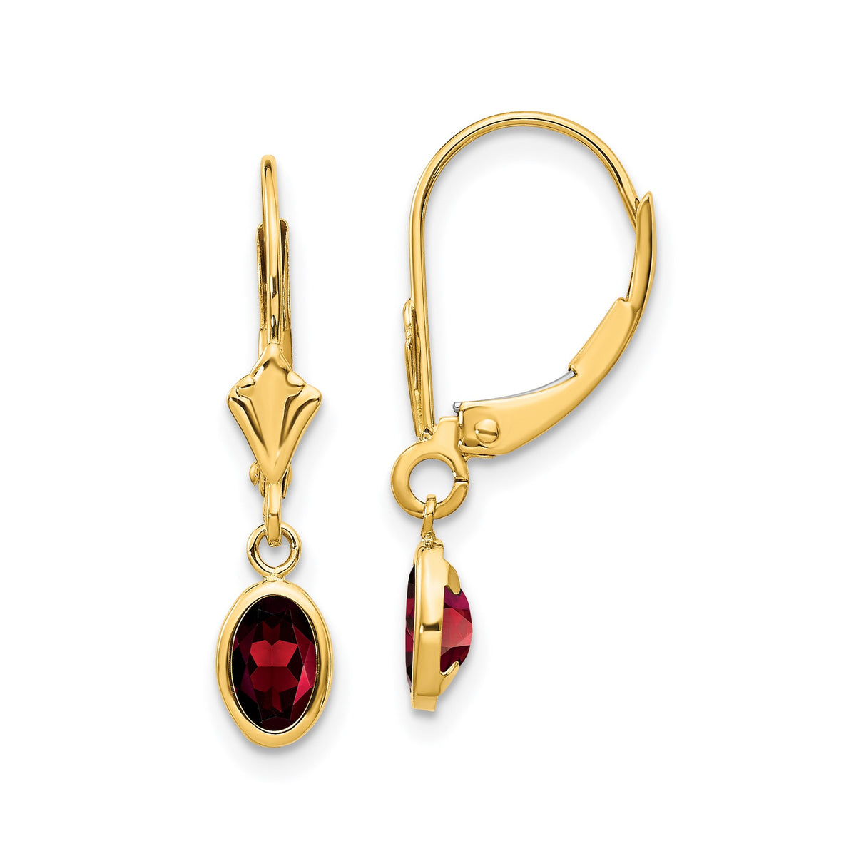 14k Yellow Gold Dangle Earrings with Oval Garnet in Bezel Setting, Leverback Drop Design