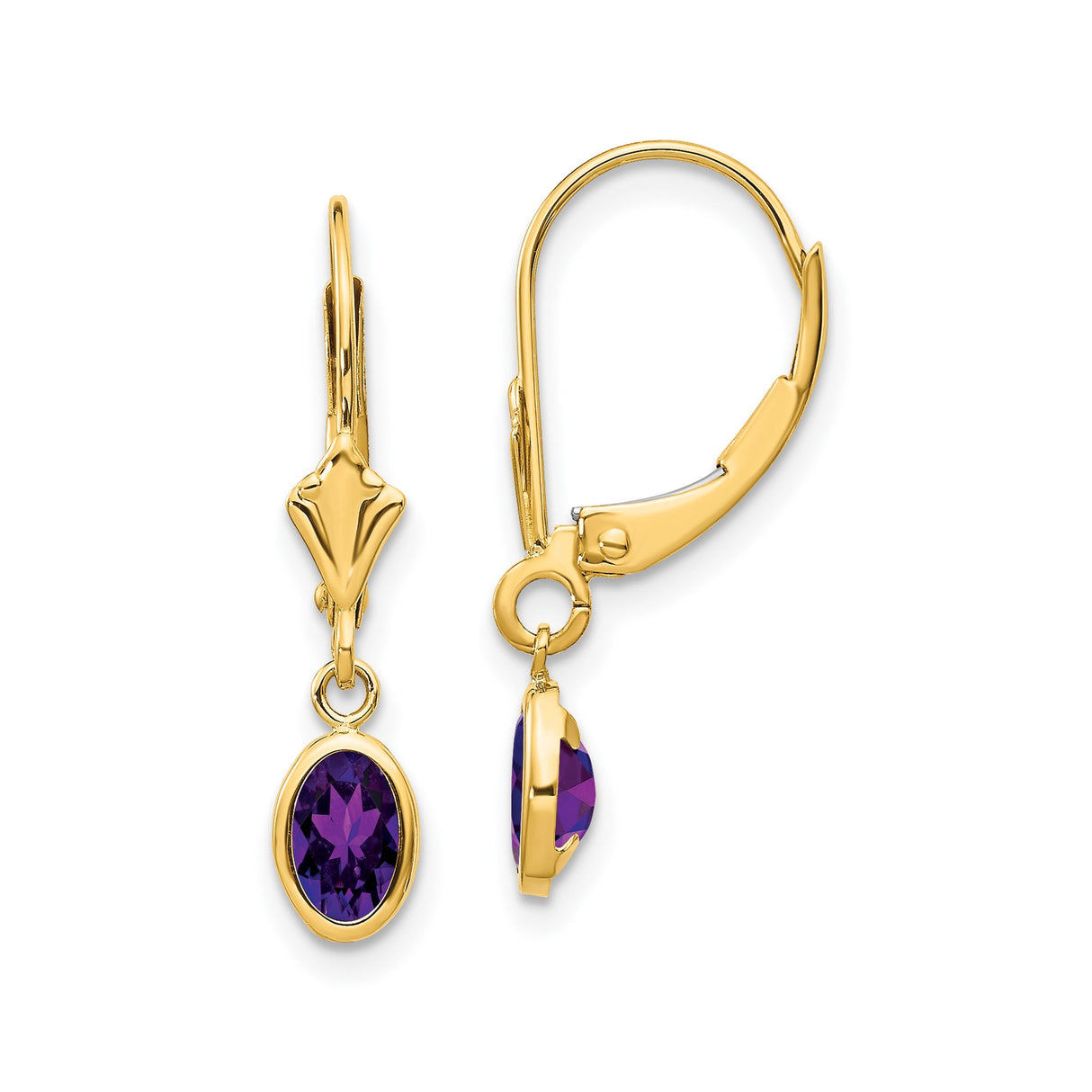 14k Yellow Gold Drop Earrings with Oval Amethyst, Leverback Dangle Design for Women