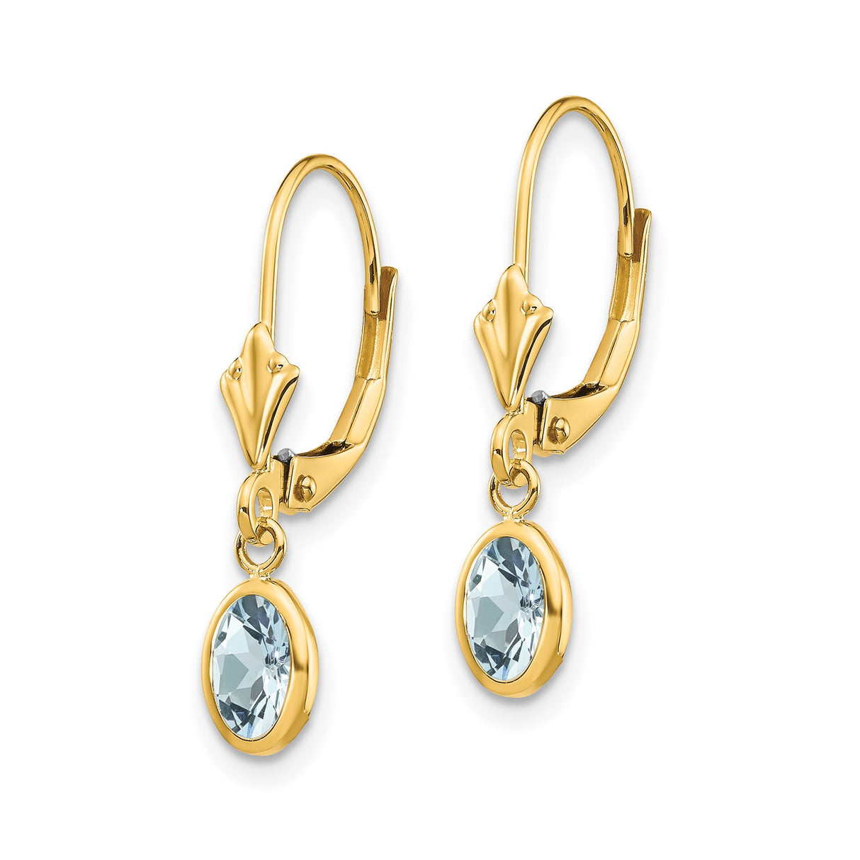 14k Yellow Gold Dangle Earrings with Aquamarine, Oval Faceted Drop Design, Leverback Closure