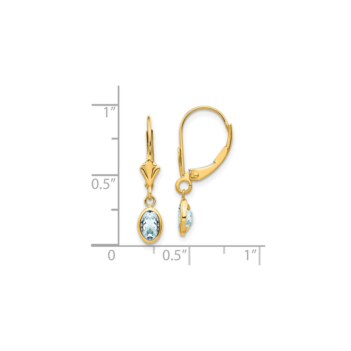 14k Yellow Gold Dangle Earrings with Aquamarine, Oval Faceted Drop Design, Leverback Closure