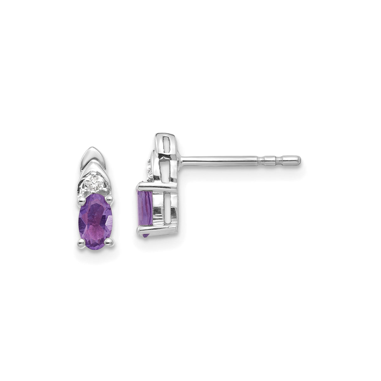 14k White Gold Amethyst and Diamond Stud Earrings, Oval Purple Gemstone for Women