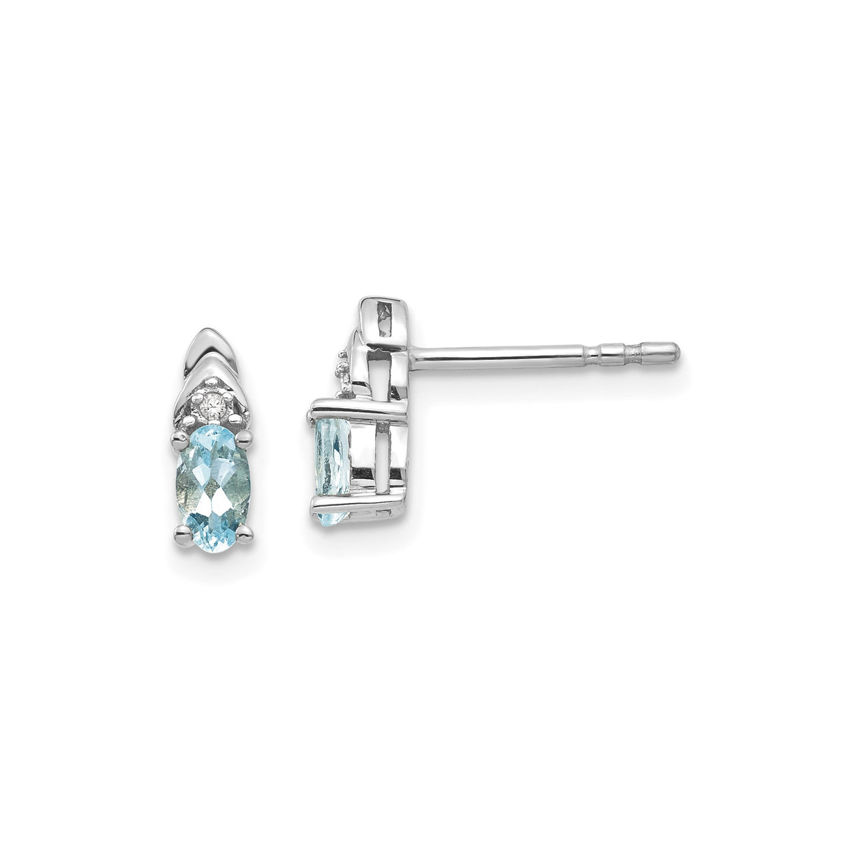 14k White Gold Stud Earrings with Oval Aquamarine and Diamond Accents, Minimalist Birthstone Jewelry