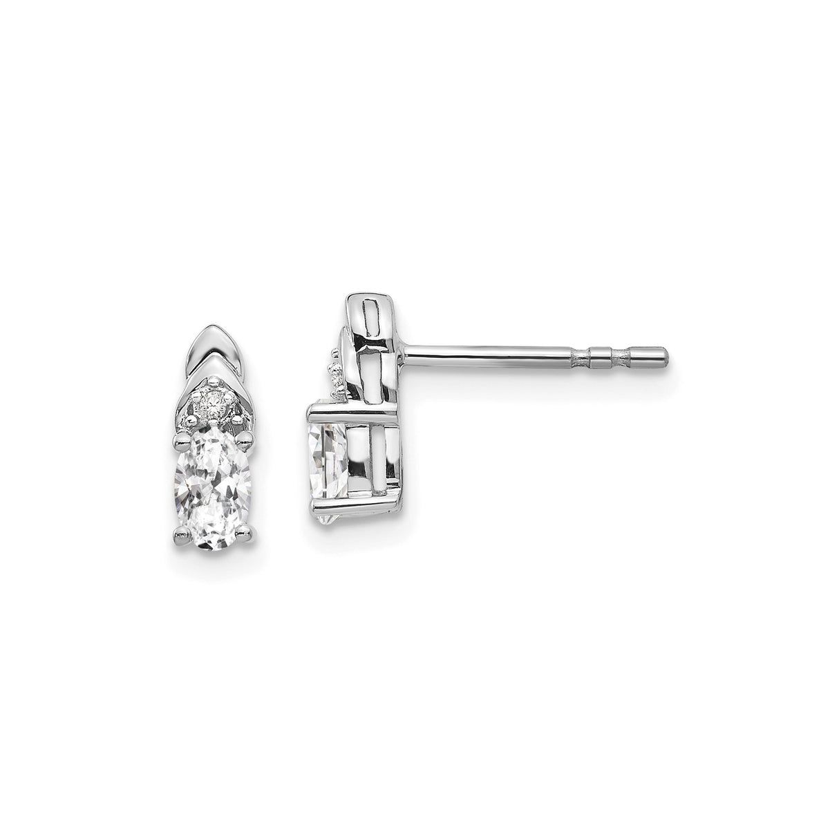 14k White Gold Stud Earrings with Oval White Topaz and Diamond Accent
