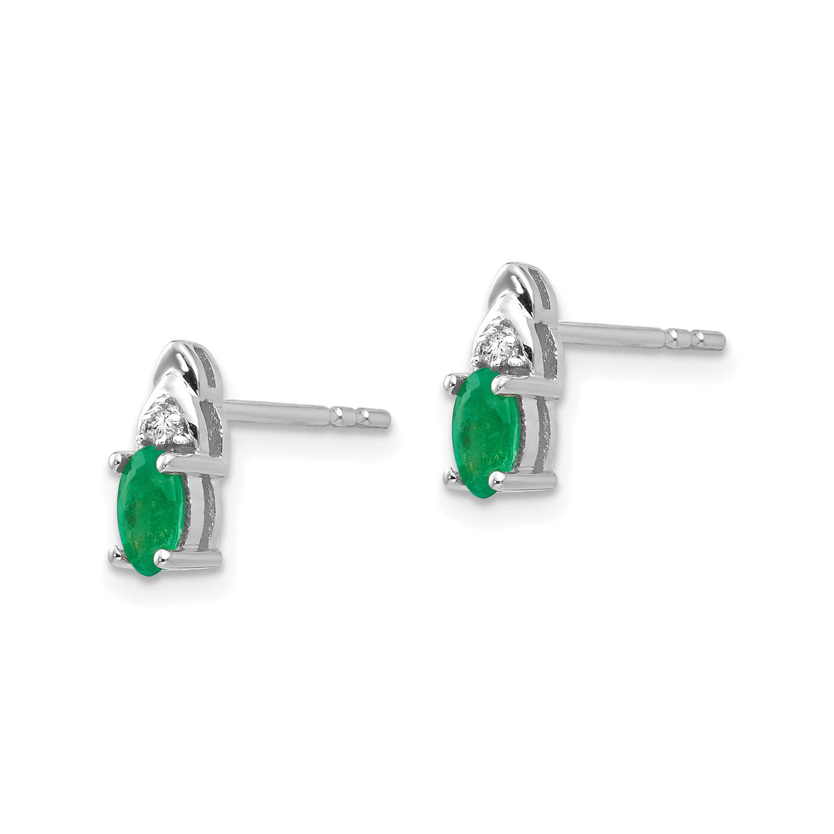 14k White Gold Stud Earrings with Oval Emerald and Diamond Accent