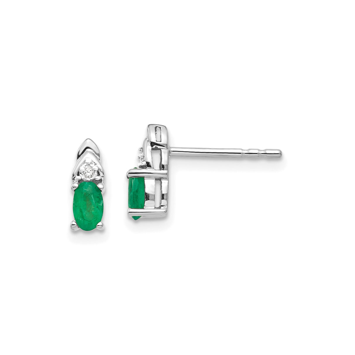 14k White Gold Stud Earrings with Oval Emerald and Diamond Accent