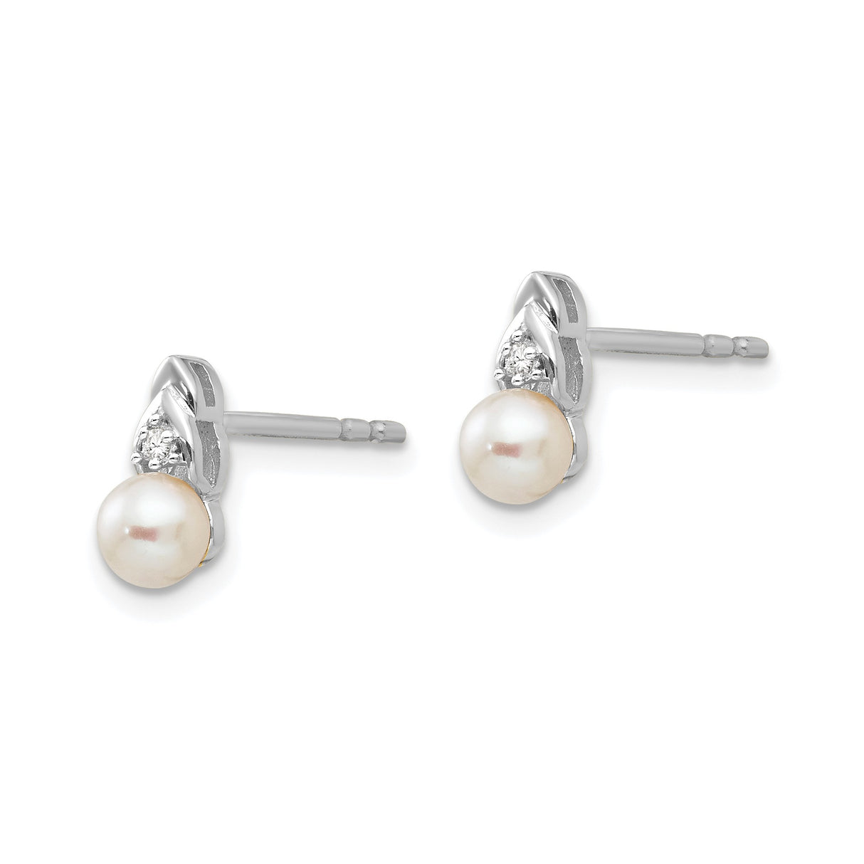 14k White Gold Pearl Stud Earrings with Diamond Accent, Classic Bridal Jewelry for Women