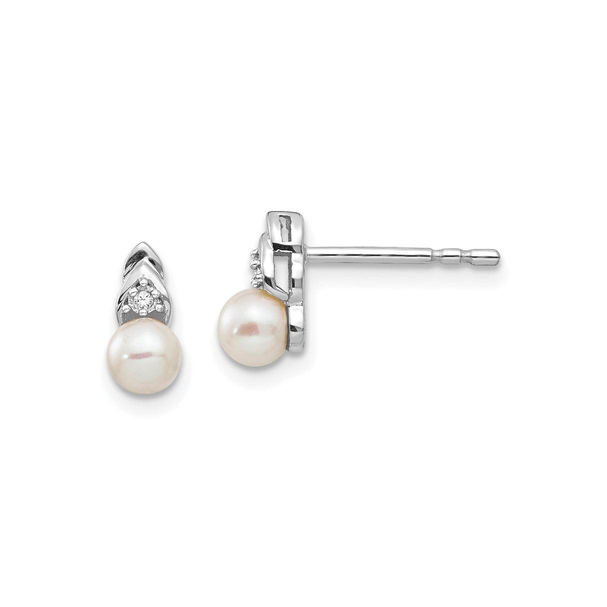 14k White Gold Pearl Stud Earrings with Diamond Accent, Classic Bridal Jewelry for Women