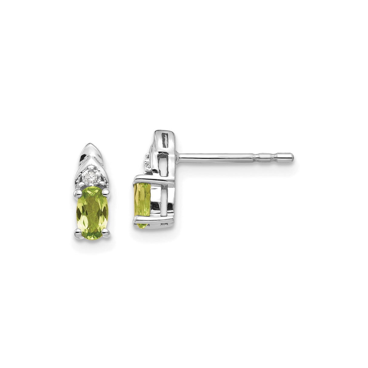 14k White Gold Peridot Stud Earrings with Diamond Accents, Oval Gemstone Design