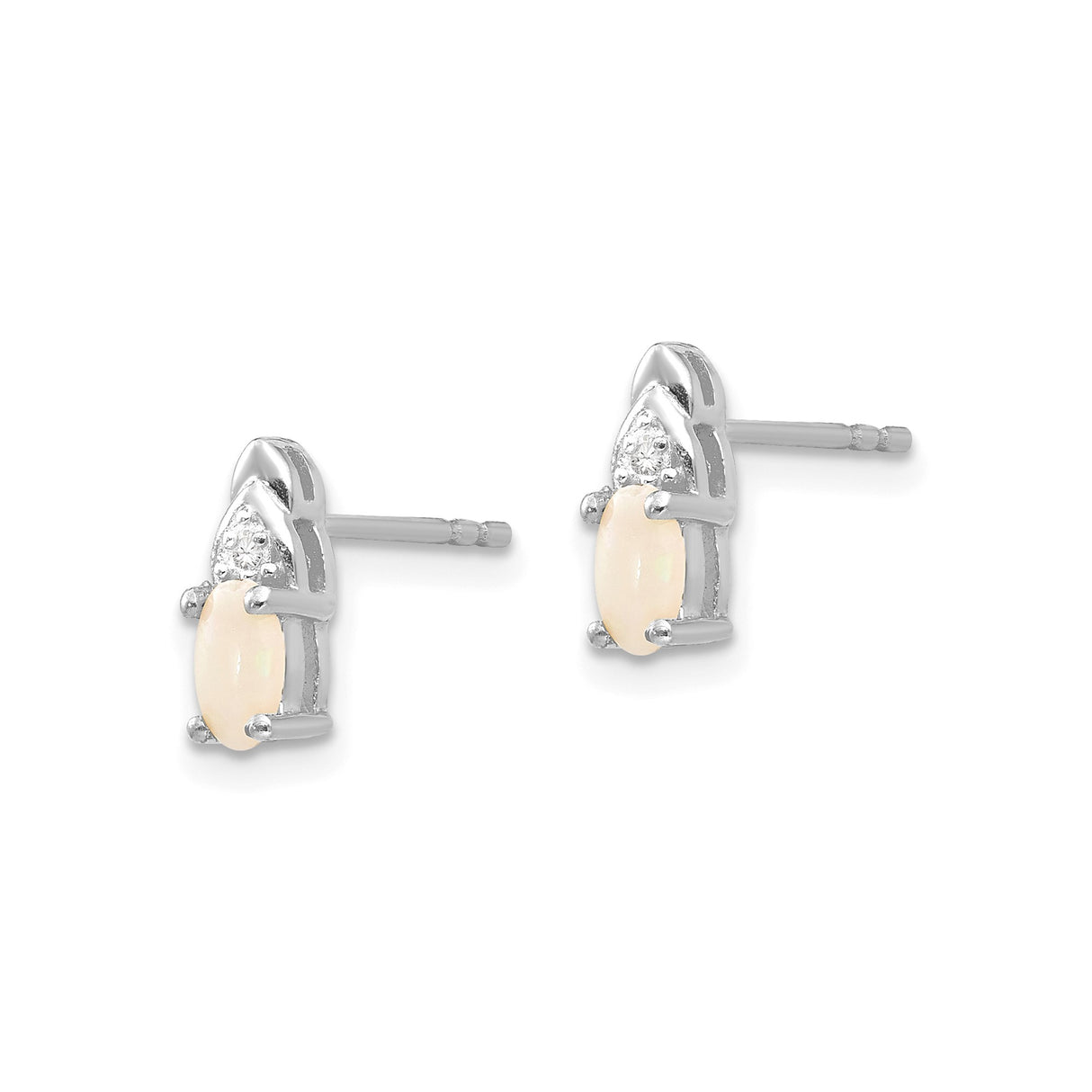 14k White Gold Stud Earrings with Oval Opal and Diamond Accent, Classic Minimalist Style