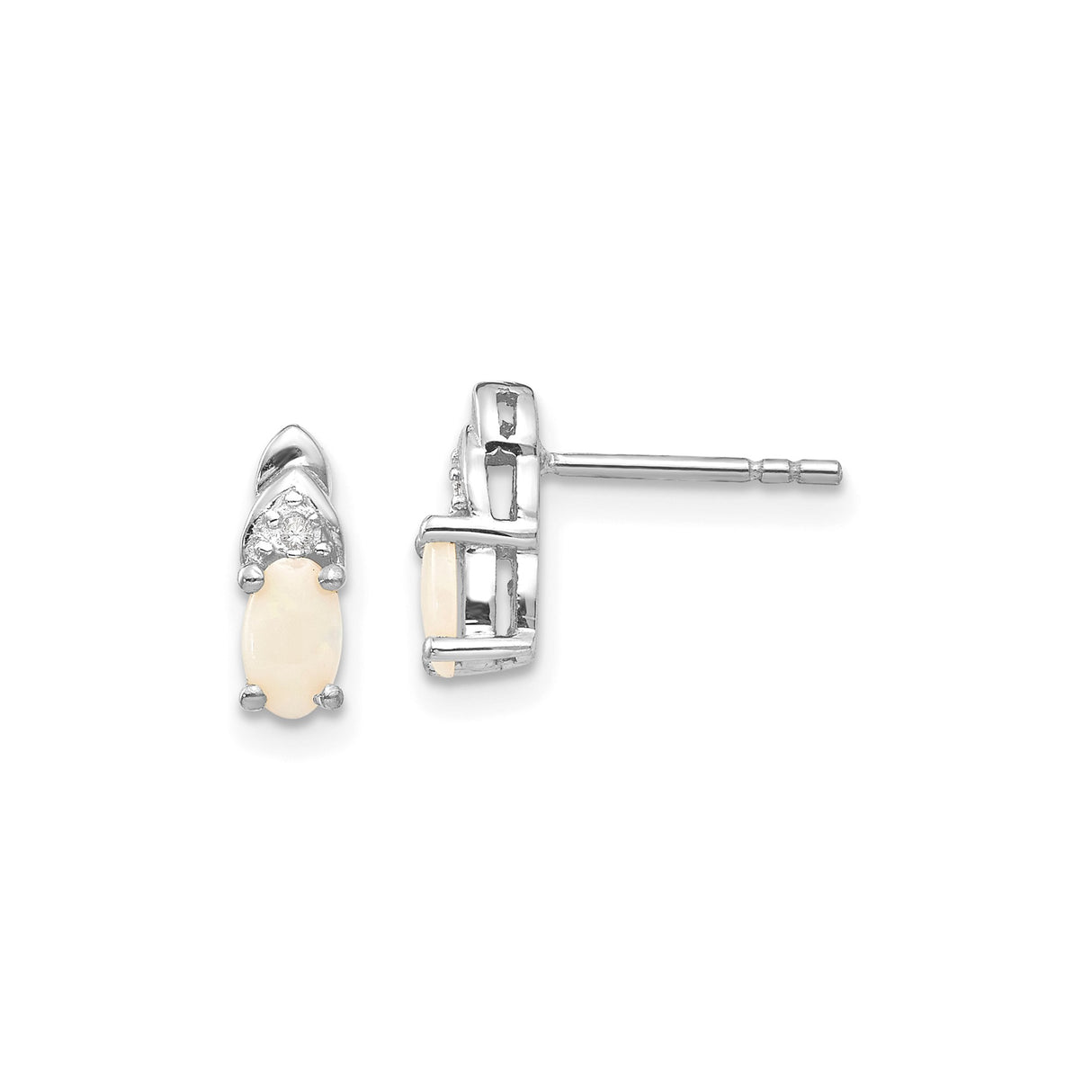 14k White Gold Stud Earrings with Oval Opal and Diamond Accent, Classic Minimalist Style