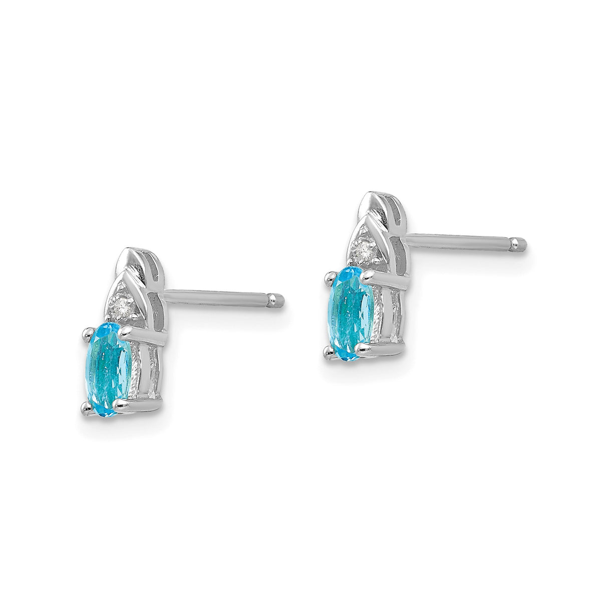 14k White Gold Stud Earrings with Swiss Blue Topaz and Diamond, Modern Minimalist Design