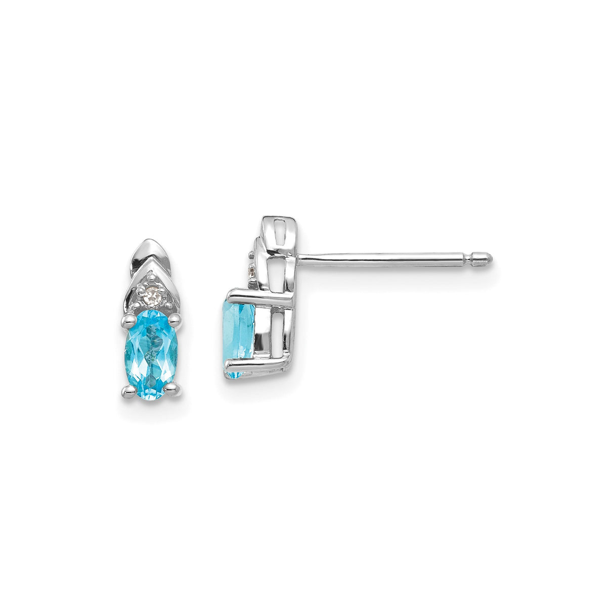 14k White Gold Stud Earrings with Swiss Blue Topaz and Diamond, Modern Minimalist Design
