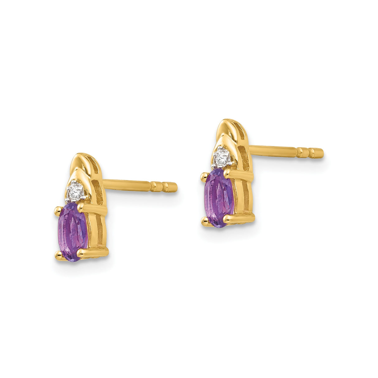 14k Yellow Gold Amethyst Stud Earrings with Diamond Accents, Oval Cut Birthstone Jewelry for Women