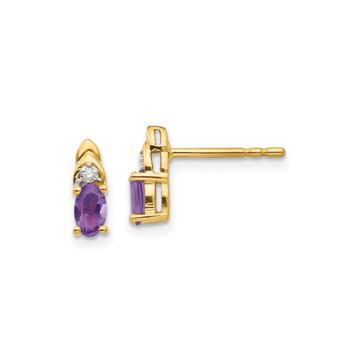14k Yellow Gold Amethyst Stud Earrings with Diamond Accents, Oval Cut Birthstone Jewelry for Women