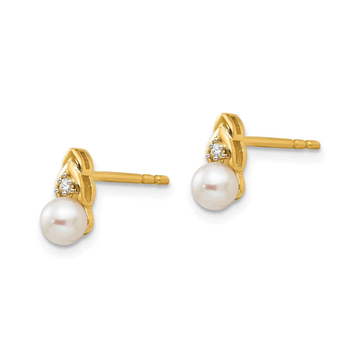 14k Yellow Gold Stud Earrings with Cultured Pearls and Diamond Accents, Leaf-Inspired Design