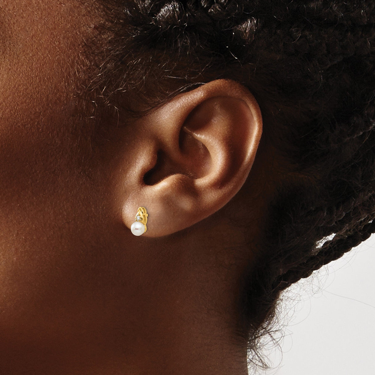 14k Yellow Gold Stud Earrings with Cultured Pearls and Diamond Accents, Leaf-Inspired Design