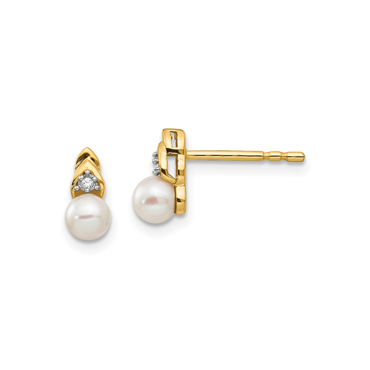 14k Yellow Gold Stud Earrings with Cultured Pearls and Diamond Accents, Leaf-Inspired Design