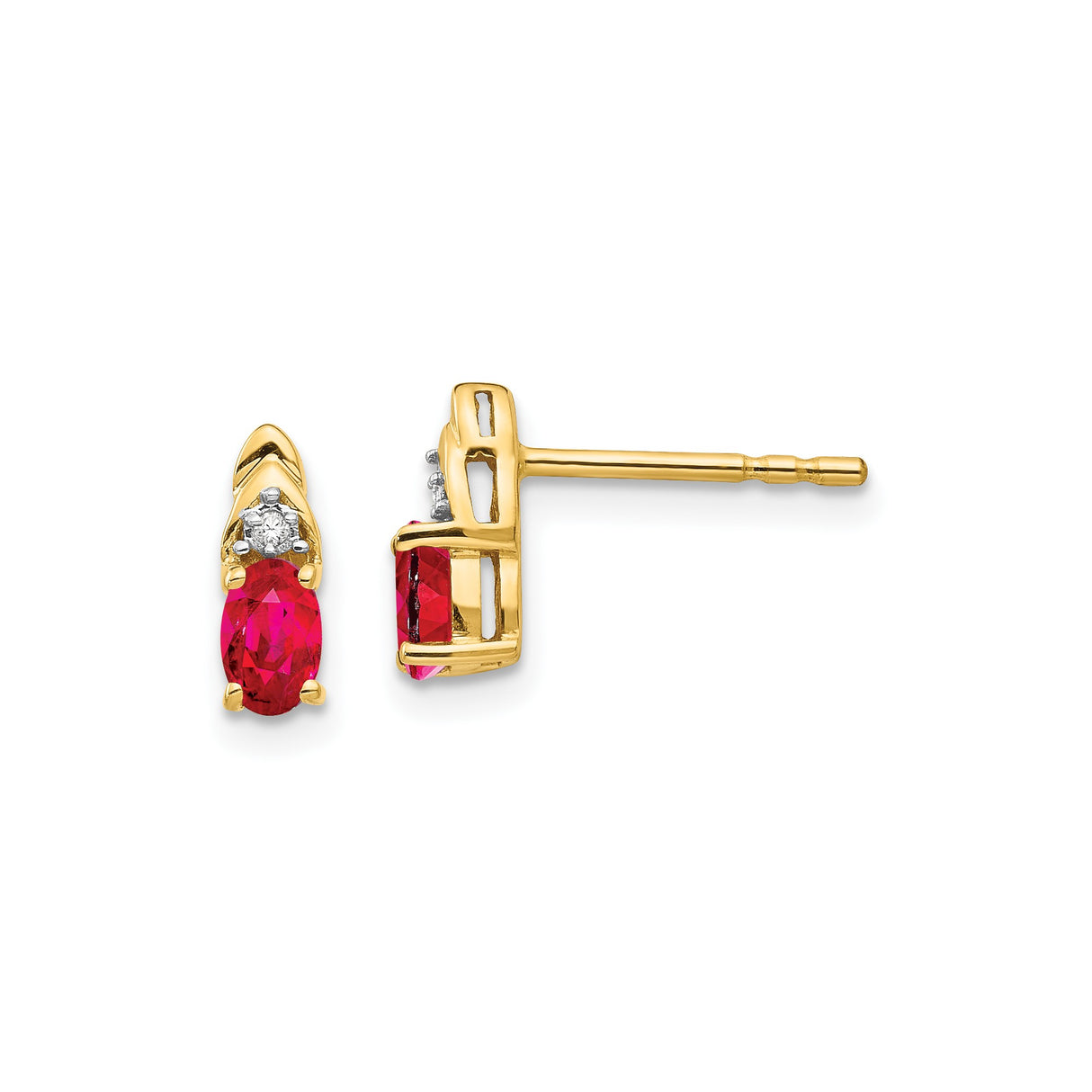 14k Yellow Gold Stud Earrings with Ruby and Diamond Accent, Oval Gemstone Jewelry for Women